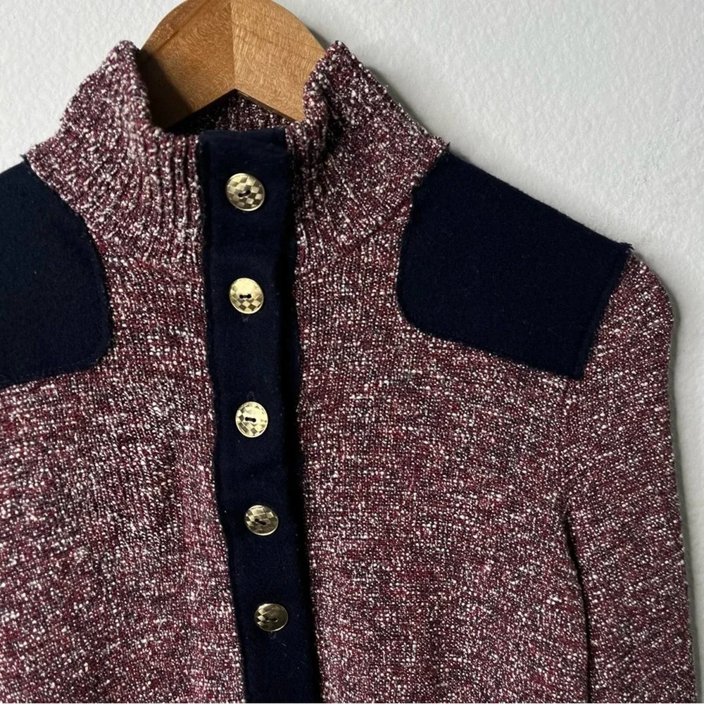 Tory Burch Burgundy Tweed Mock Neck Button Front Pullover Sweater
